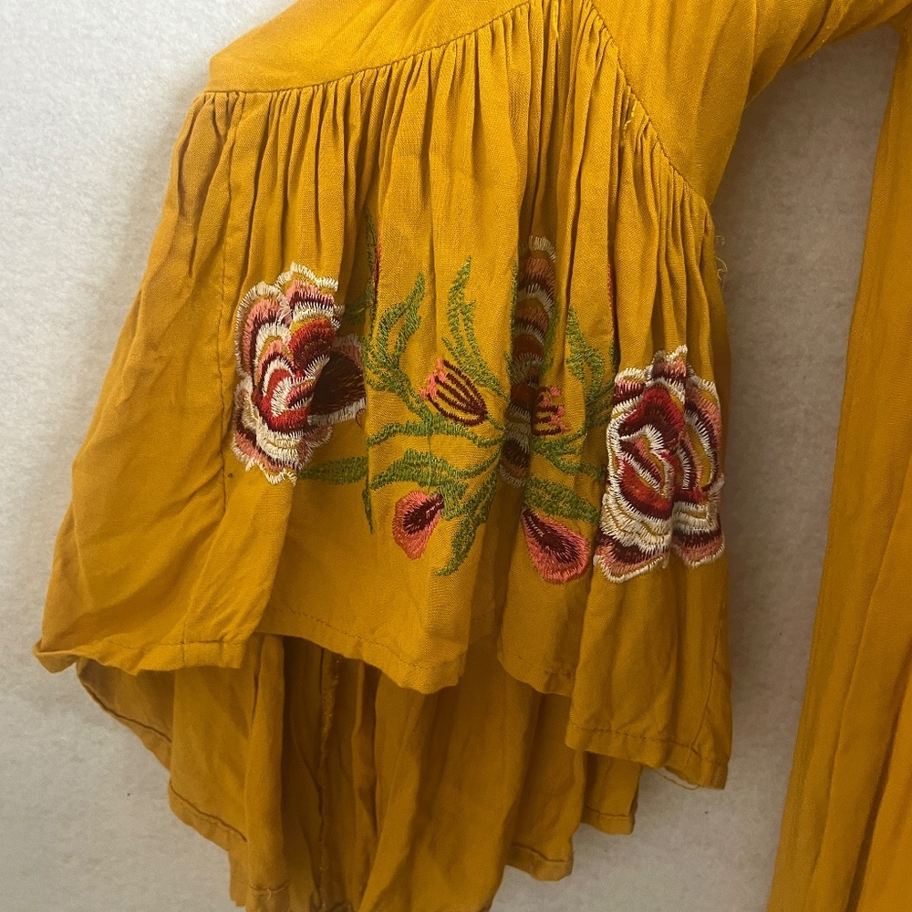 Mustard Embroidered Bell Sleeve Peasant Boho Tunic Top - Picture 6 of 7